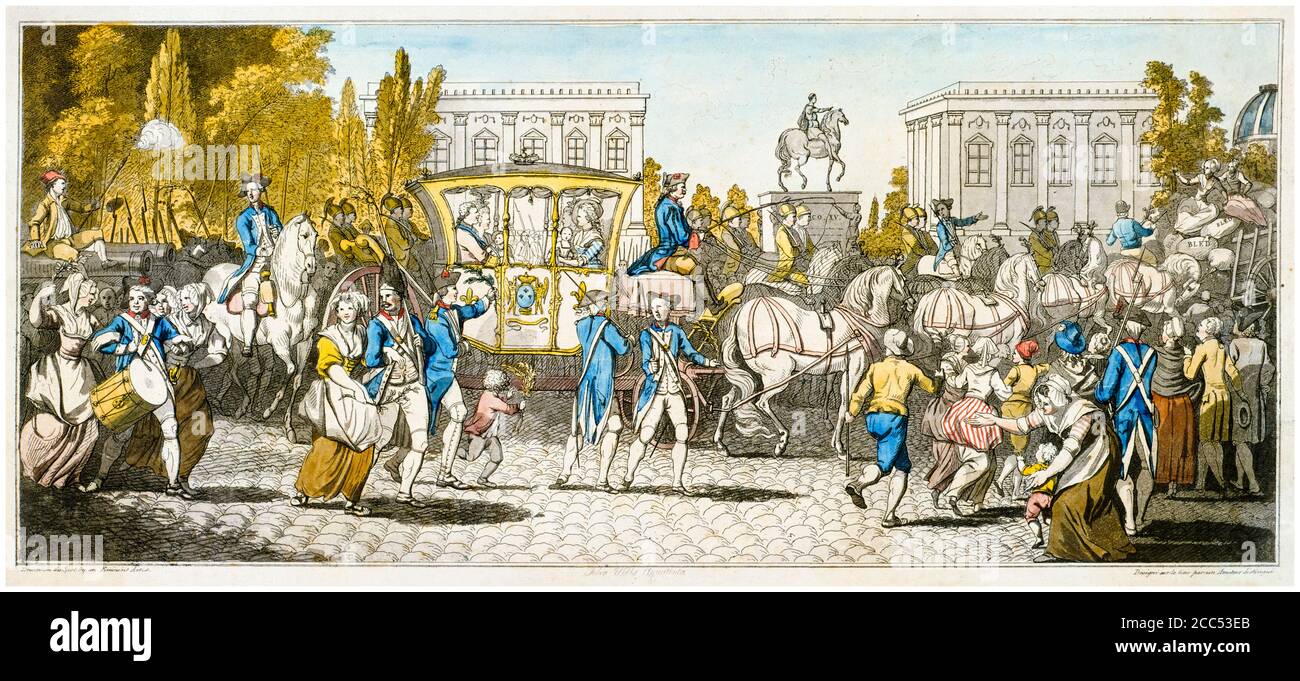 Rivoluzione francese: Luigi XVI portato a Parigi, 6 ottobre 1789, stampa di John Wells, 1789 Foto Stock
