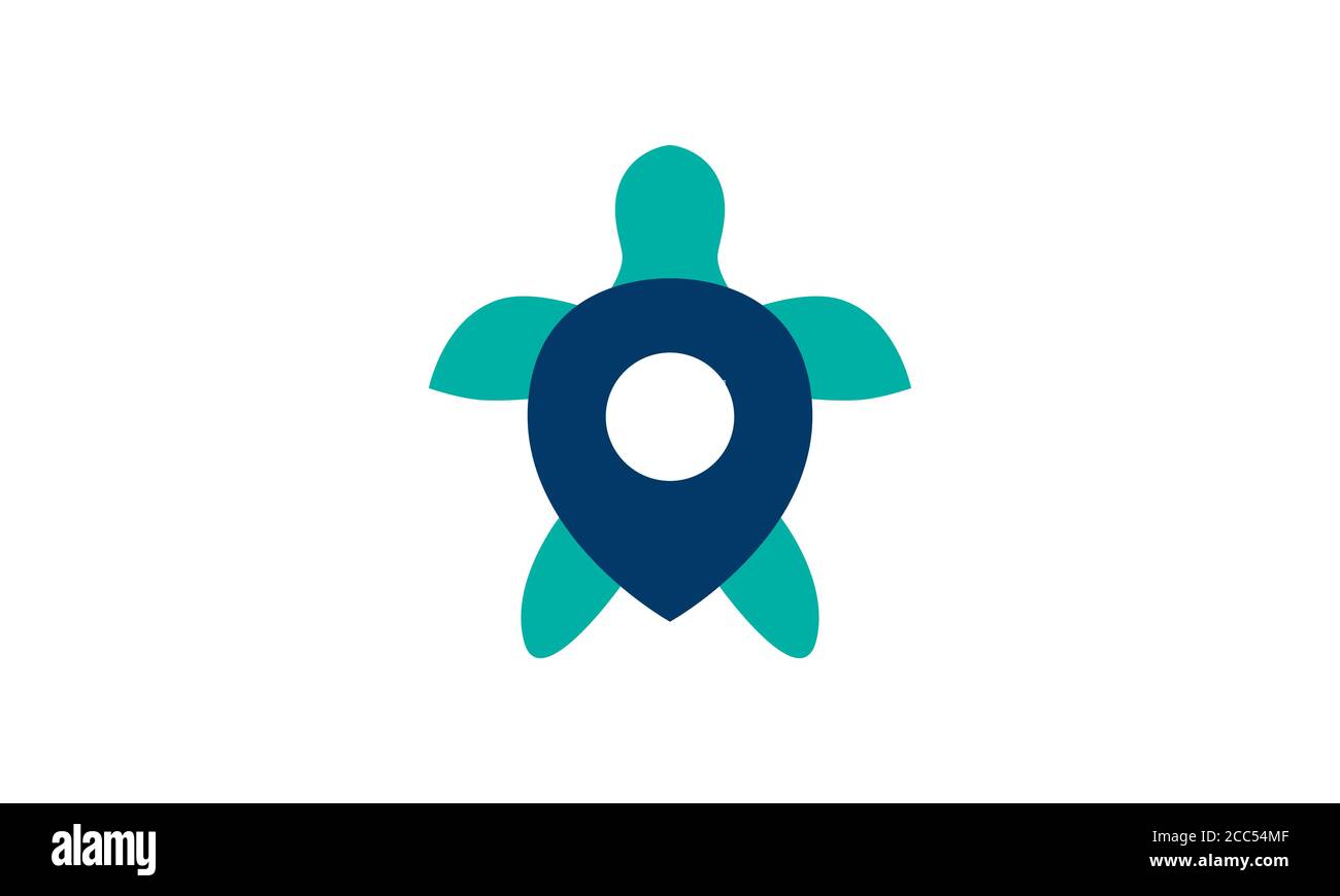Vettore di teal astratto e tartaruga blu con GPS o sistema di posizionamento globale pin o icona puntatore. L'illustrazione è isolata rispetto al bianco. Illustrazione Vettoriale