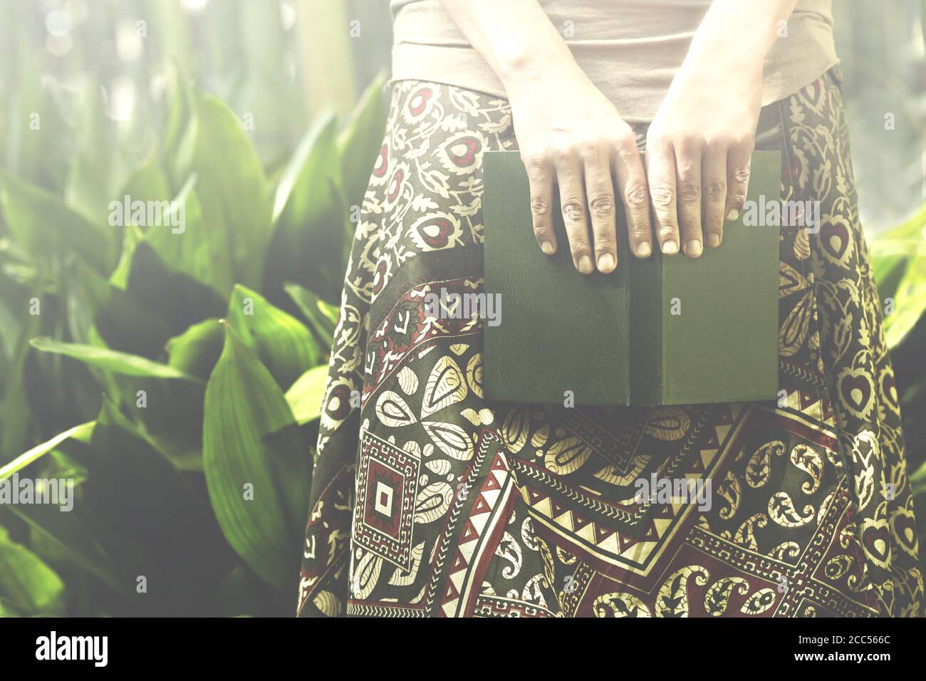 donna nel mezzo della natura custodisce il suo libro di avventure nelle sue mani Foto Stock