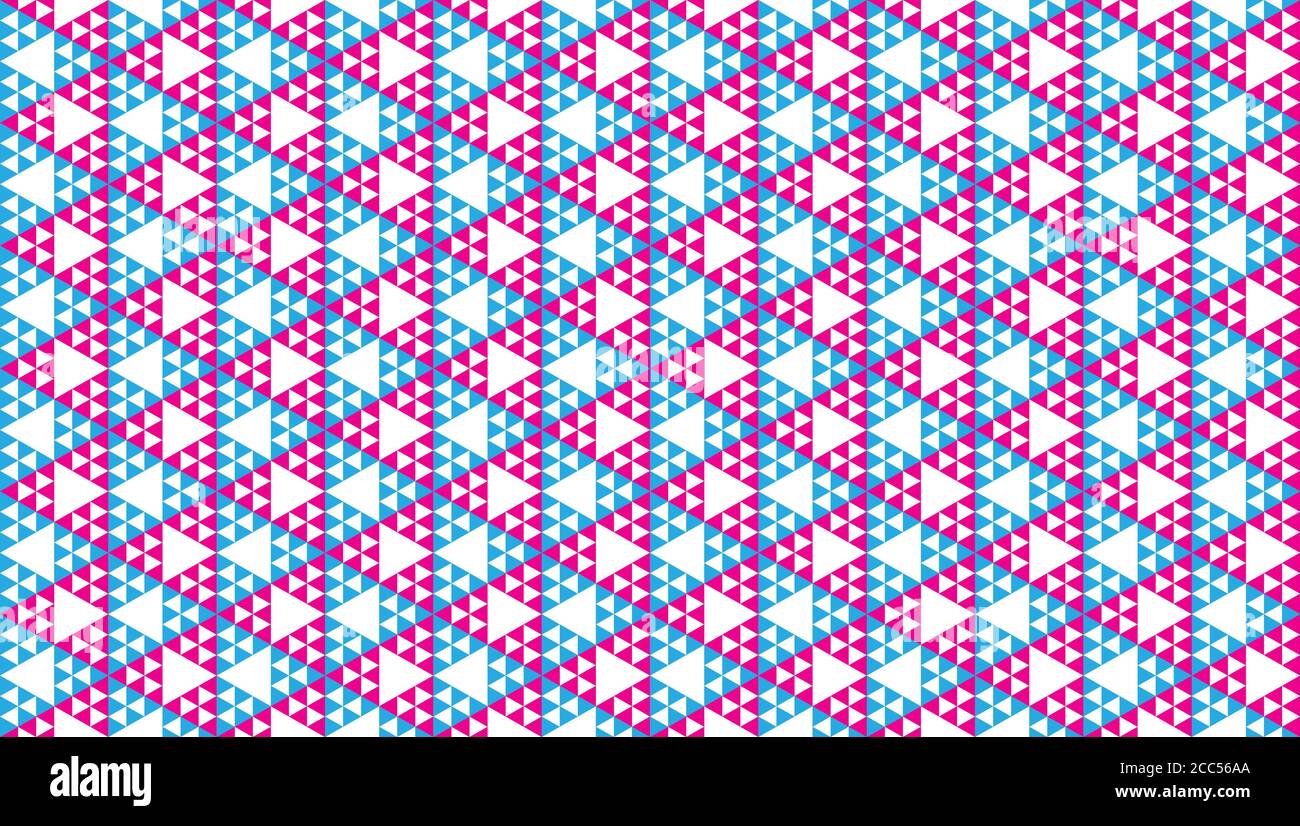 Triangoli astratti colorati ornamento. Modello di disegno con ripetizione geometrica senza giunture. Forme triangolari poligonali sfondo. Azzurro Rosa Magenta Bianco Illustrazione Vettoriale