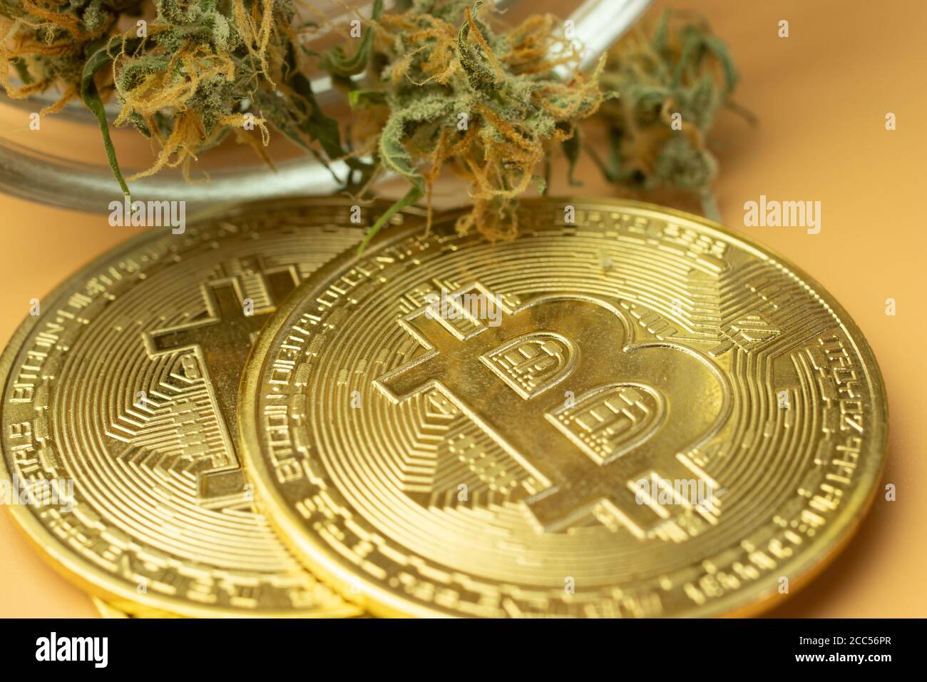 Macro foto Bitcoin con germogli di cannabis. Acquisto di farmaci per la criptovaluta Foto Stock