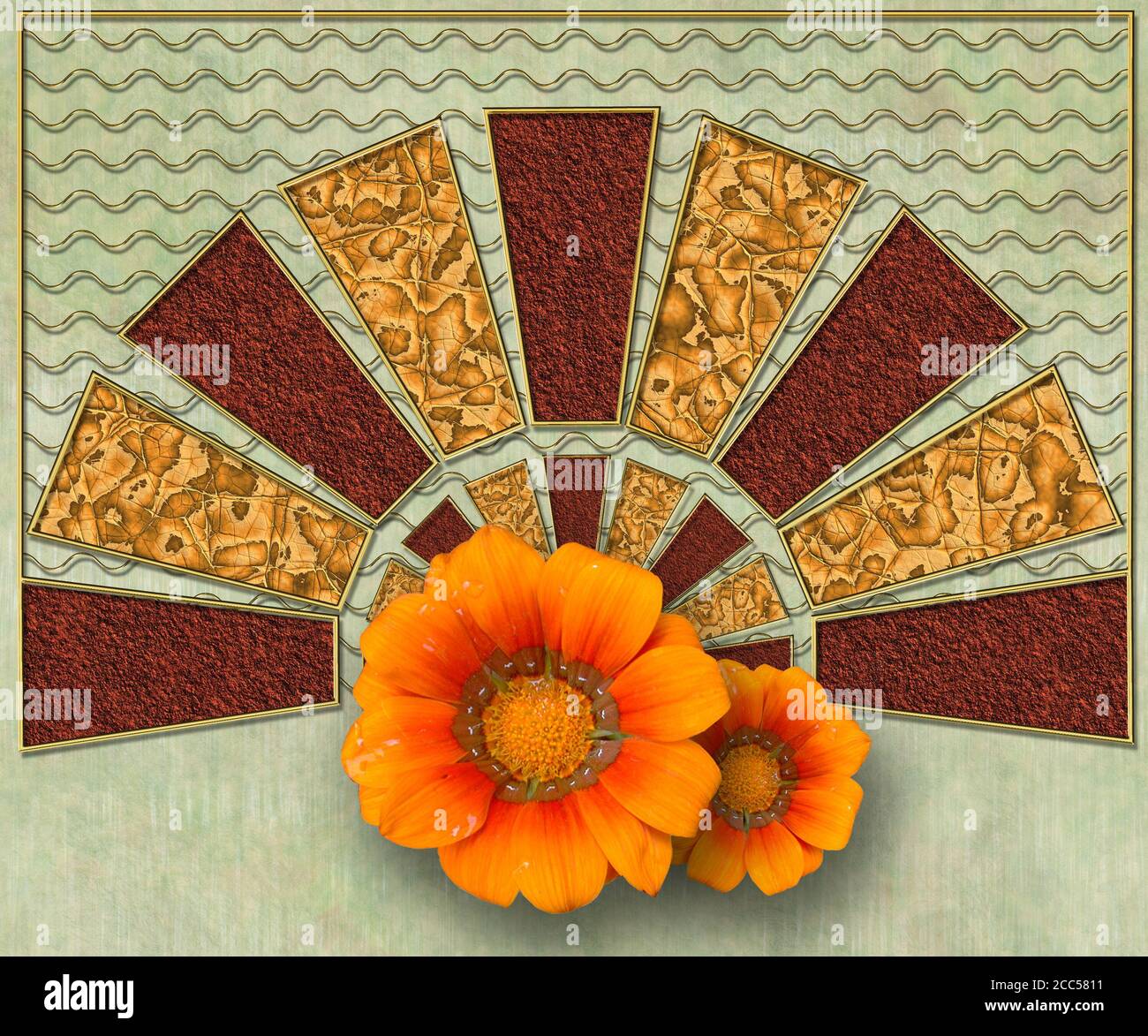 Modello di sfondo con texture 3D rendering con bella decorazione floreale e. elemento creativo metallico Foto Stock