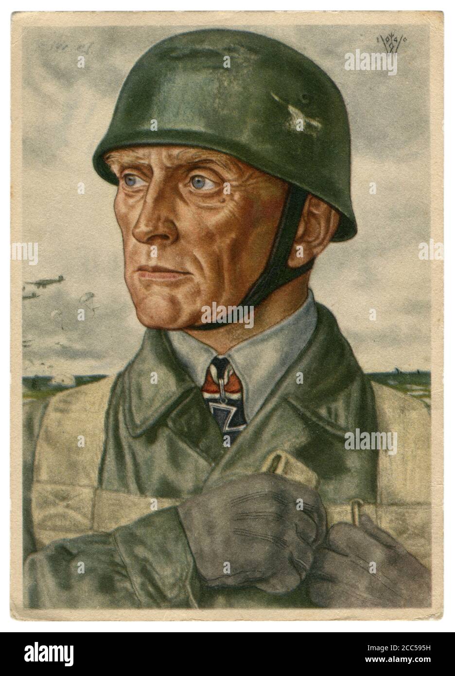 Cartolina storica tedesca: Bruno Bräuer, colonnello dei paracadutisti, insignito della Croce di Cavaliere della Croce di ferro, artista Wolfgang Willrich, 1940 Foto Stock