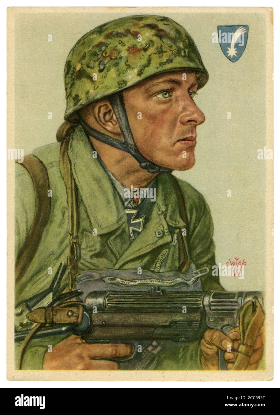 Cartolina storica tedesca: Helmut Arpke, Feldwebel dei paracadutisti, insignito della Croce di Cavaliere della Croce di ferro, artista Wolfgang Willrich, 1940 Foto Stock
