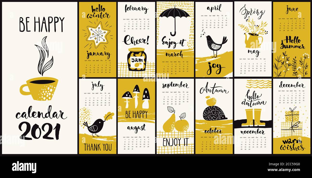 Stile moderno disegnata a mano cartoon vettoriale 2021 calendario con mano simboli mensili poco voluminosi disegnati Illustrazione Vettoriale