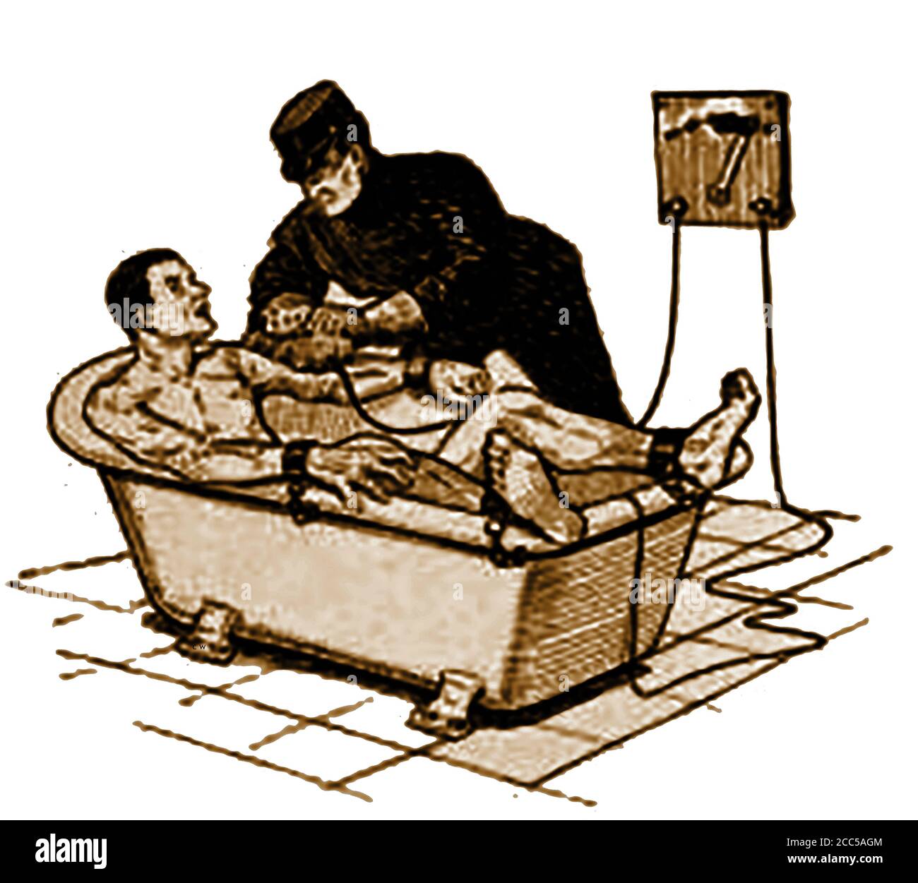 Stati Uniti d'America - crimine e punizione 1910 - il 'uccello humming' - una volta usato nel penitenziario dell'Ohio (e forse altrove) per punire i criminali o estrarre le confessioni utilizzando un bagno d'acqua ed elettricità. (illustrazione 1910) Foto Stock