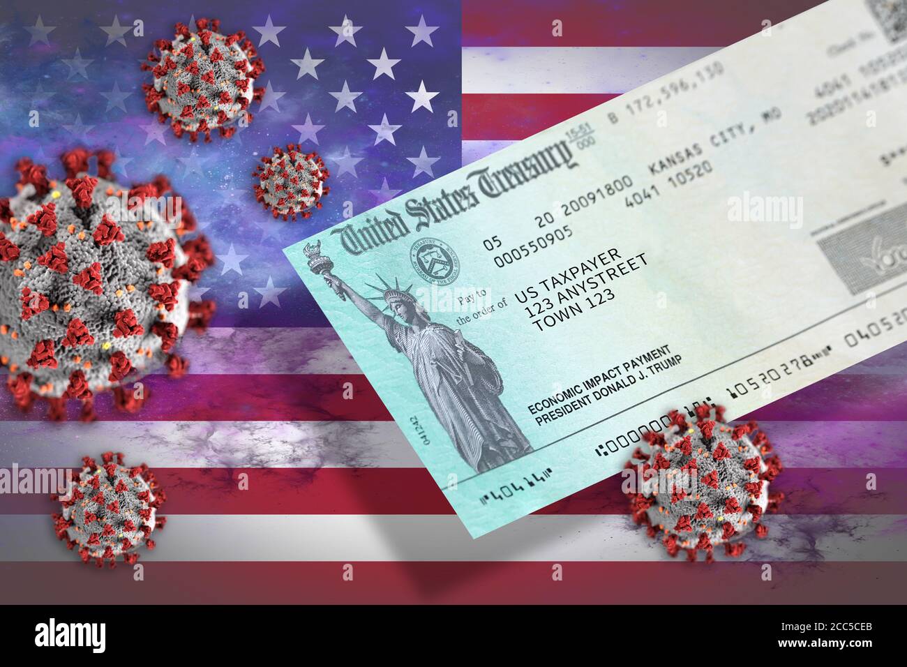 Concetto del governo federale degli Stati Uniti Coronavirus stimolo controllo, o 'Economic Impact Payment over flag, Stati Uniti. Foto Stock