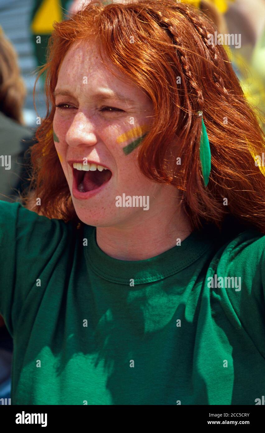Entusiasti appassionati di sport con facce dipinte in una partita di calcio, STATI UNITI D'AMERICA Foto Stock