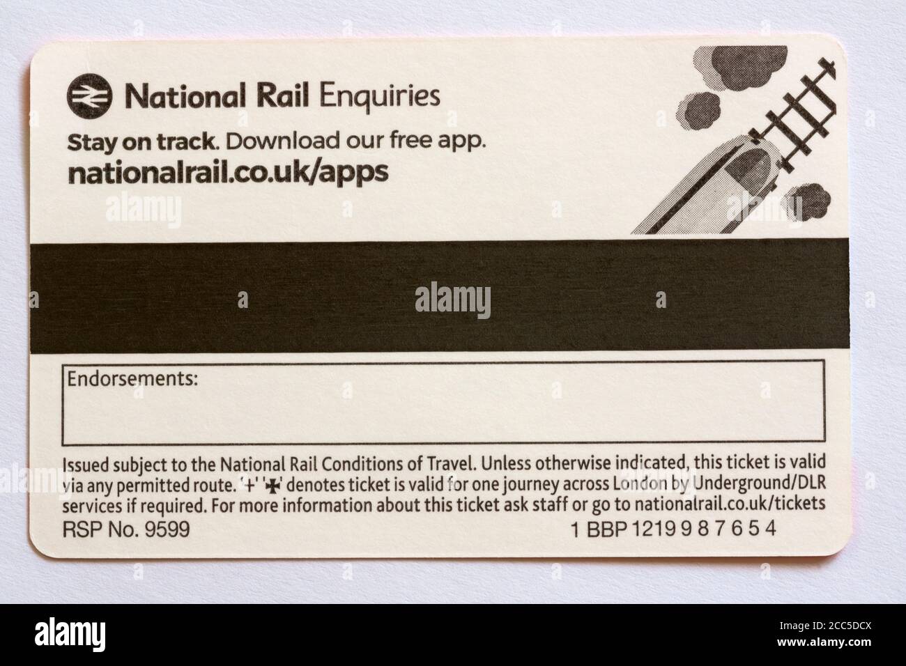 National Rail Enquiries resta in pista Scarica la nostra app gratuita - dettaglio sul retro del biglietto del treno Foto Stock
