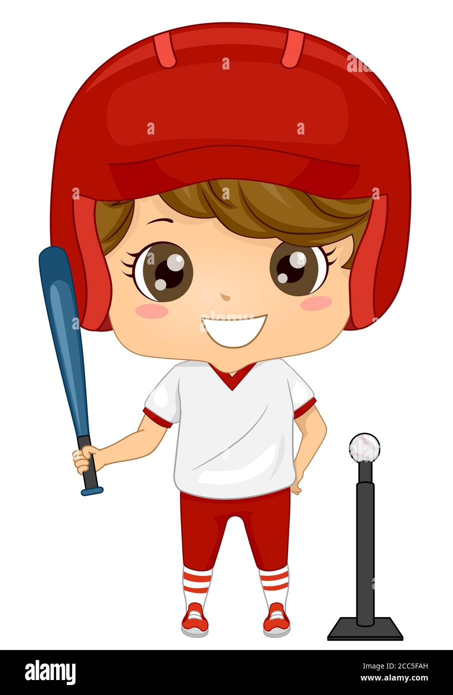 Illustrazione di un Kid Boy che tiene la bat e che indossa il casco Giocare a Tee Ball Foto Stock