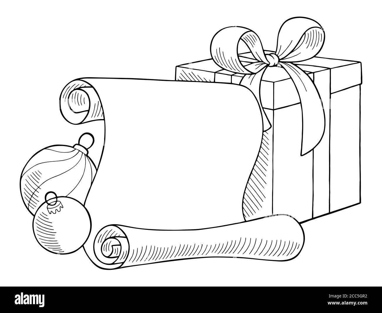 Natale biglietti d'auguri palline, scroll, presente casella grafica nuovo anno nero bianco isolato set illustrazione vettore Illustrazione Vettoriale