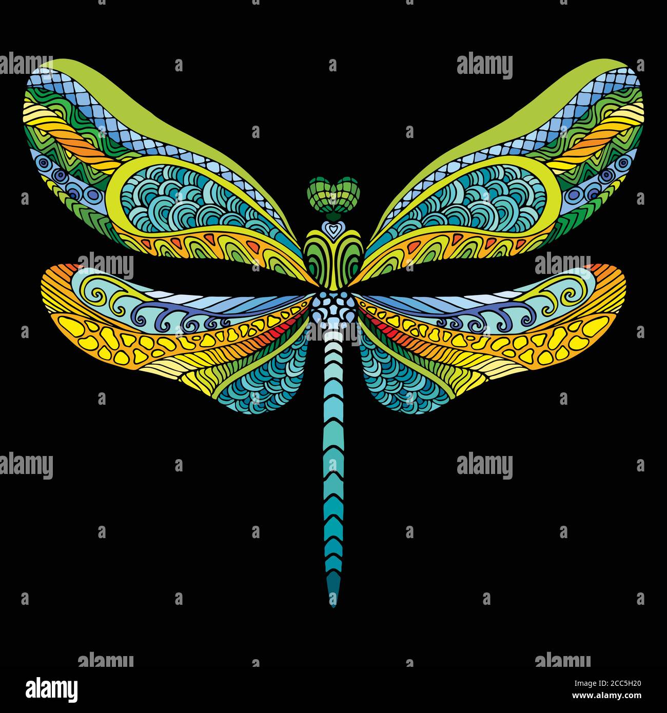 Libro da colorare Dragonfly per adulti illustrazione vettoriale isolato su rosso. Colorazione anti-stress. Stile a groviglio. Per colorazione adulti, T-shirt, design, stampa Illustrazione Vettoriale