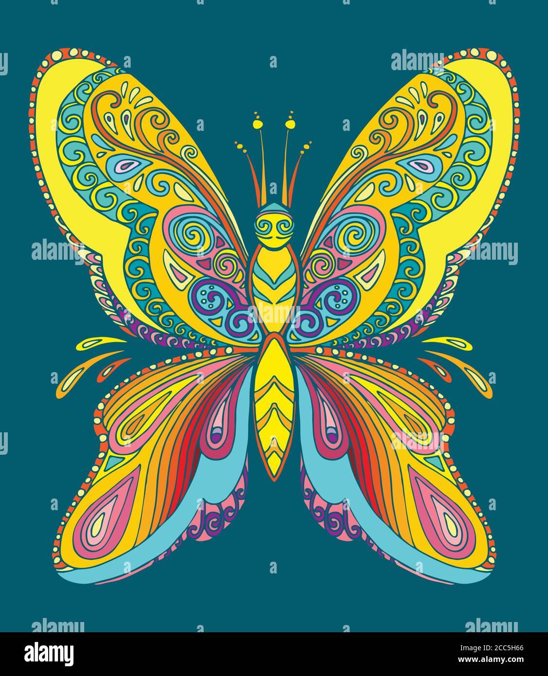 Libro da colorare farfalla per adulti illustrazione vettoriale isolato su turchese. Colorazione anti-stress. Stile a groviglio. Per colorazione adulti, T-shirt, design, Illustrazione Vettoriale