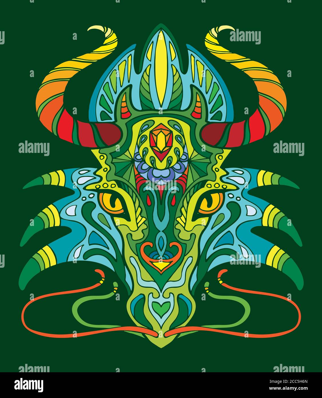 Libro da colorare di drago per adulti illustrazione vettoriale isolato su verde. Colorazione anti-stress. Stile a groviglio. Per colorazione adulti, T-shirt, design, stampa. Illustrazione Vettoriale