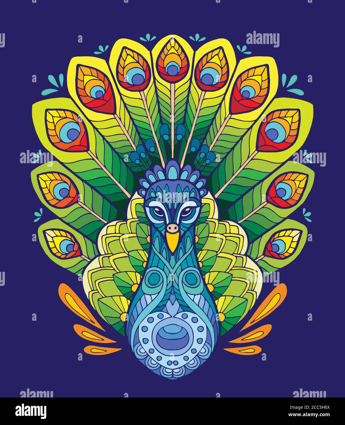 Vettore colorato ornamentale ritratto di pavone. Illustrazione simmetrica astratta decorativa isolata su sfondo blu. Illustrazione a stock per adulti c Illustrazione Vettoriale