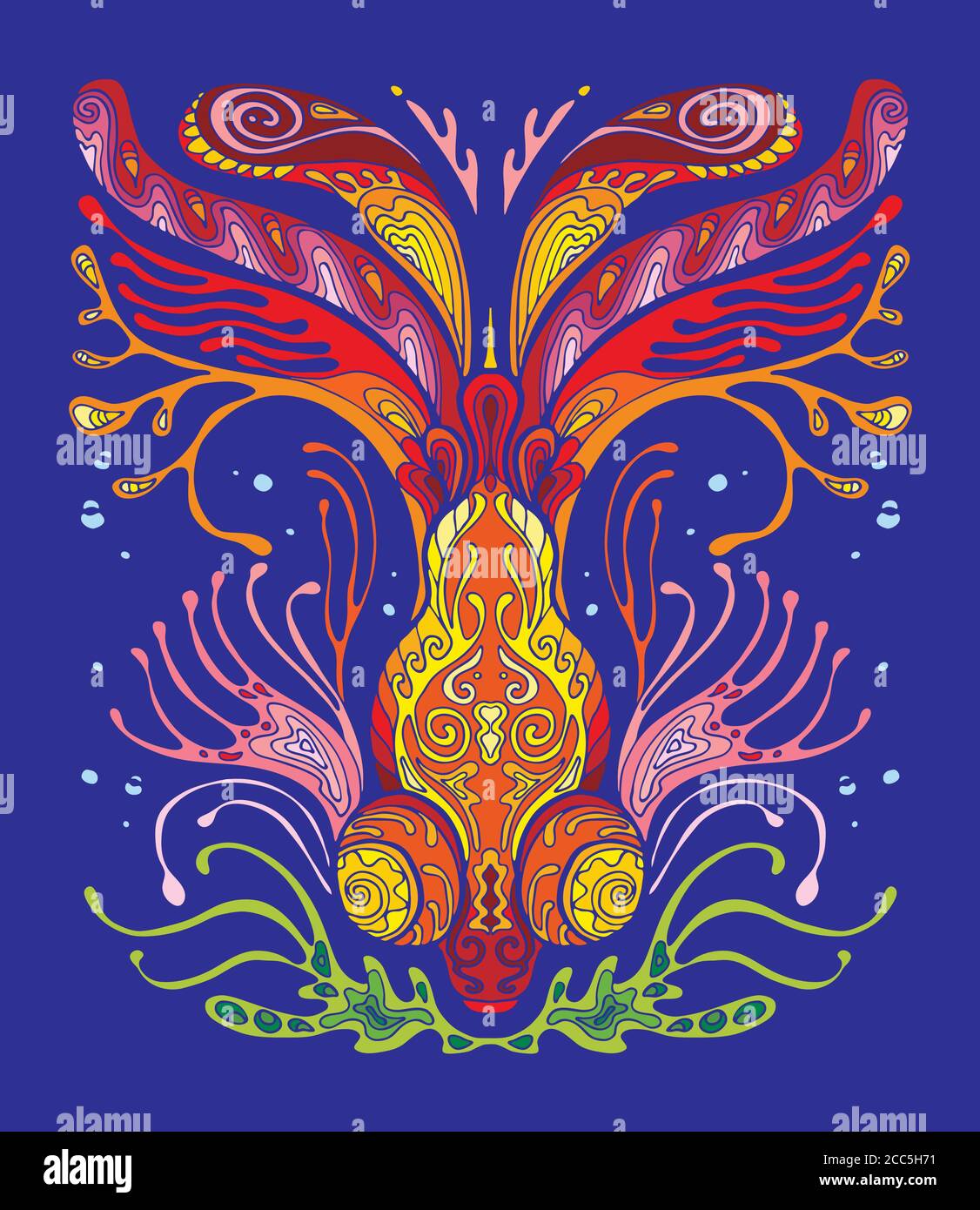 Libro da colorare di pesce per adulti illustrazione vettoriale isolato su rosso. Colorazione anti-stress. Stile a groviglio. Per colorazione adulti, T-shirt, design, stampa. Illustrazione Vettoriale
