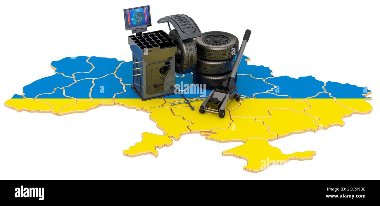 Montaggio degli pneumatici e manutenzione automatica in Ucraina Concept. Rendering 3D isolato su sfondo bianco Foto Stock