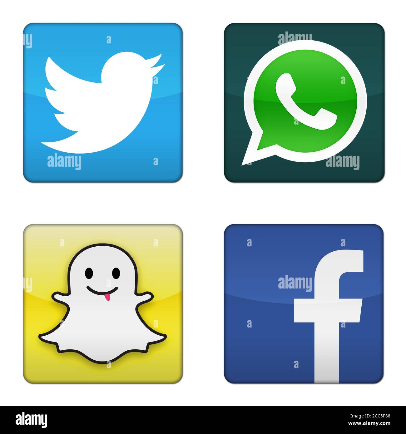 Twitter Whatsapp Snapchat Facebook icona logo app bitton segno Foto Stock