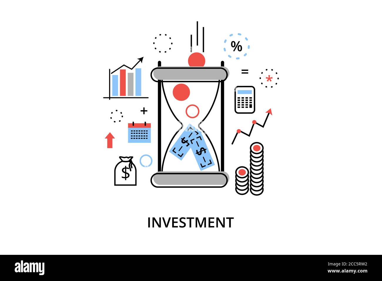 Moderno disegno piano sottile illustrazione vettoriale, concetto infografico con icone di investimento per il business e il processo finanziario, per grafica e web des Illustrazione Vettoriale