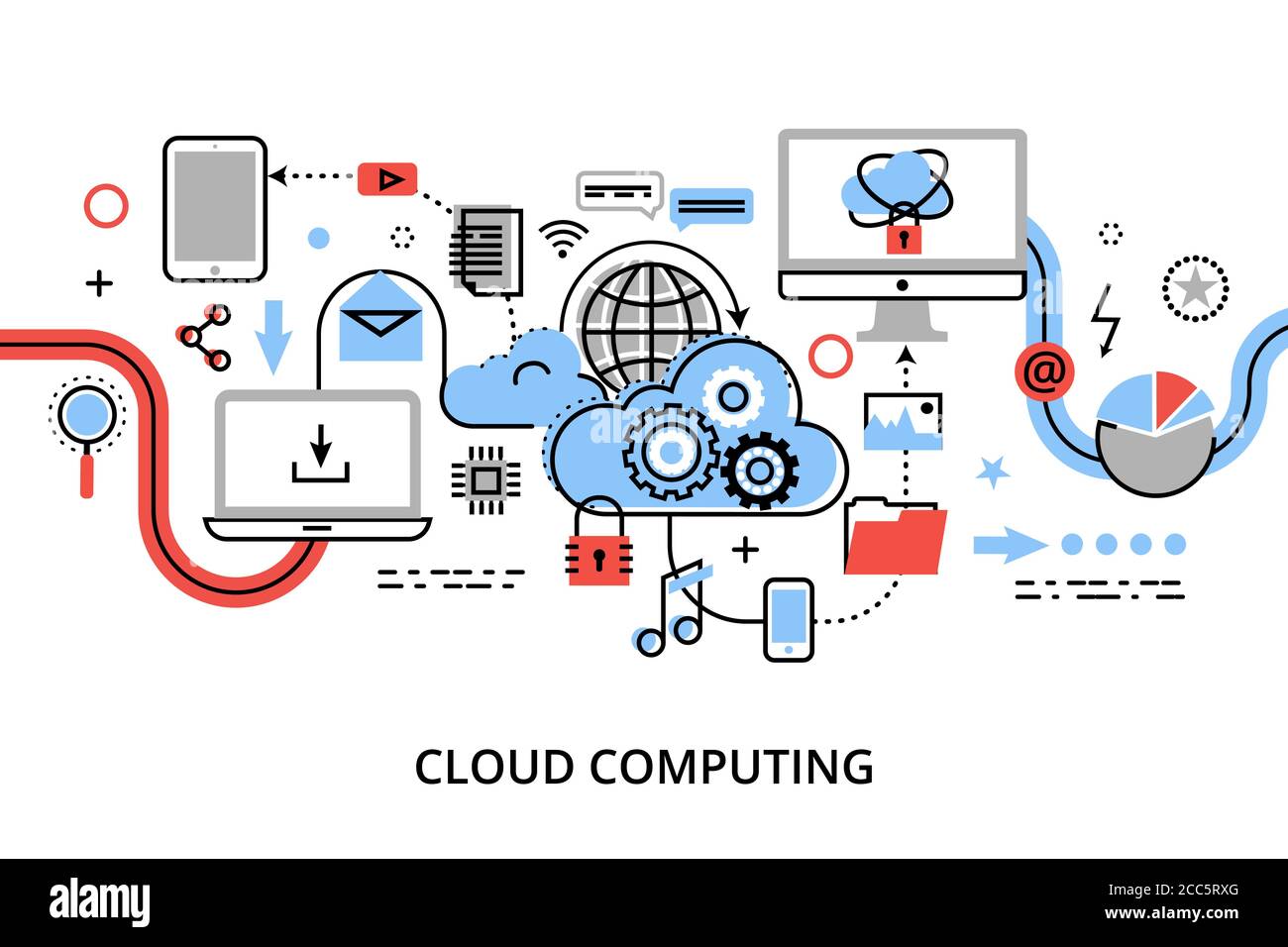 Illustrazione vettoriale dal design piatto e sottile, concetto di tecnologie di cloud computing, protezione delle reti di computer e storage remoto dei dati, per una maggiore chiarezza Illustrazione Vettoriale