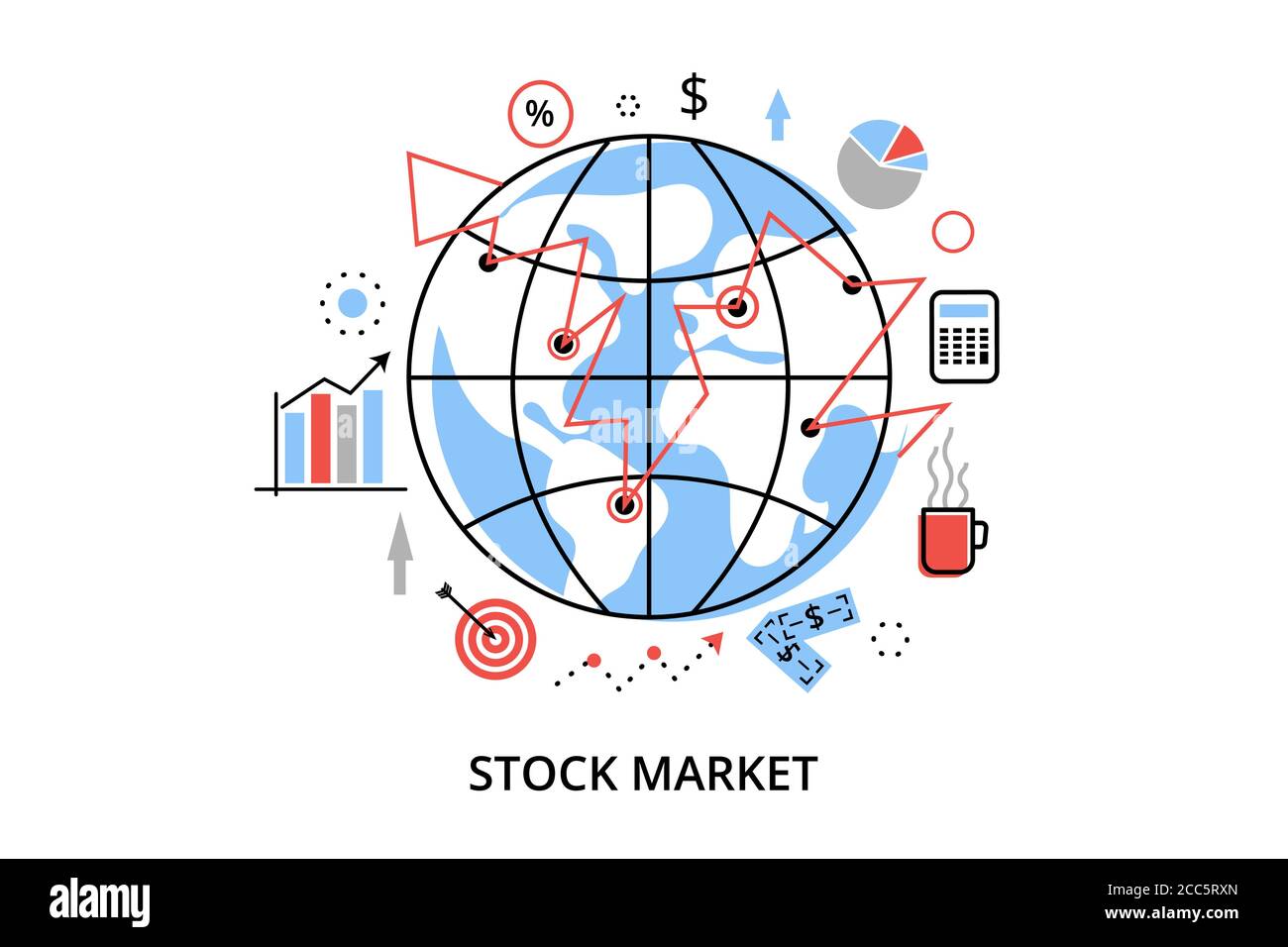 Illustrazione vettoriale di design piatto e sottile, concetto infografico con icone di processo di borsa e di negoziazione di titoli, per grafica e web d Illustrazione Vettoriale
