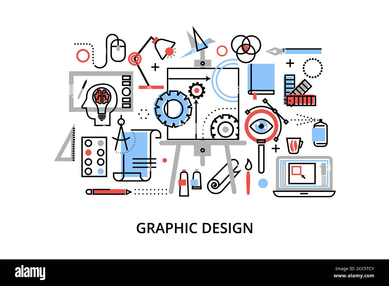 Illustrazione vettoriale di progettazione piatta e sottile, concetto infografico di progettazione grafica, elementi e strumenti di progettazione e processo di sviluppo del design, per Illustrazione Vettoriale