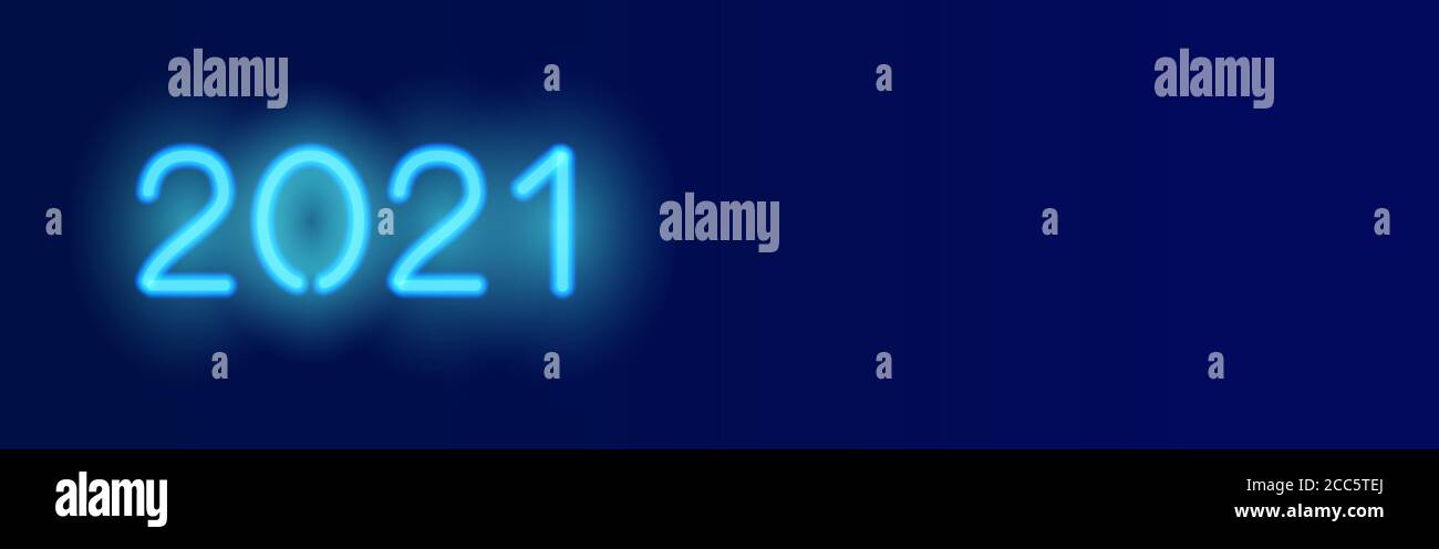 banner vettoriale lungo 2021. Sfondo blu scuro con realistico simbolo al neon 2021. Modello banner social media Illustrazione Vettoriale