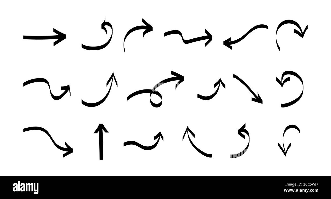 Frecce disegnate a mano del vettore. Serie di frecce nere piatte di direzione diversa Illustrazione Vettoriale