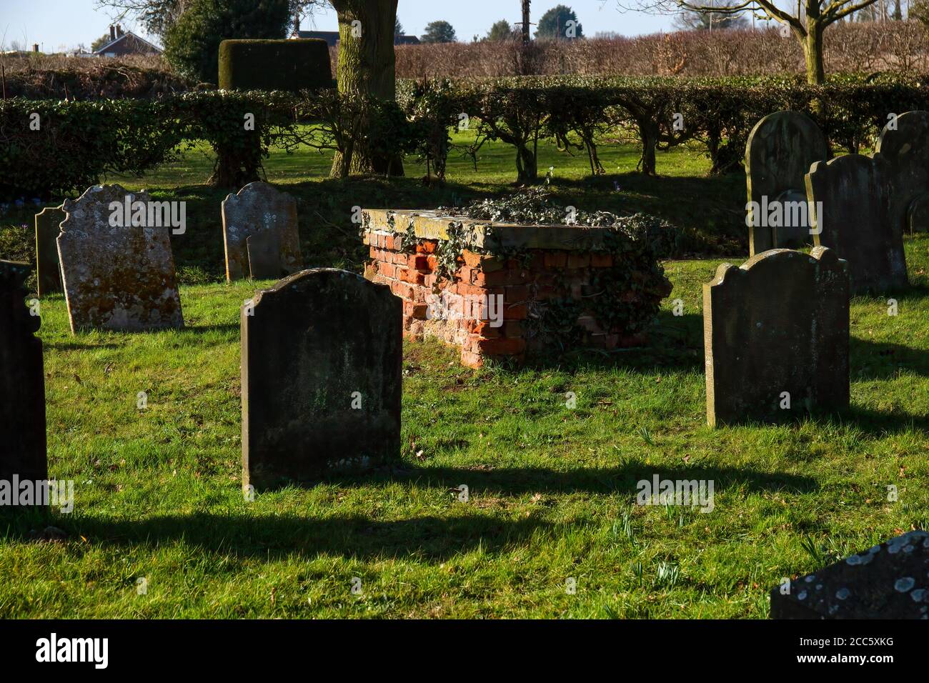 Tomba di mattoni, Ivy coperto in cimitero rurale. GT Yarmouth, Norfolk, Regno Unito - 10 febbraio 2019 Foto Stock