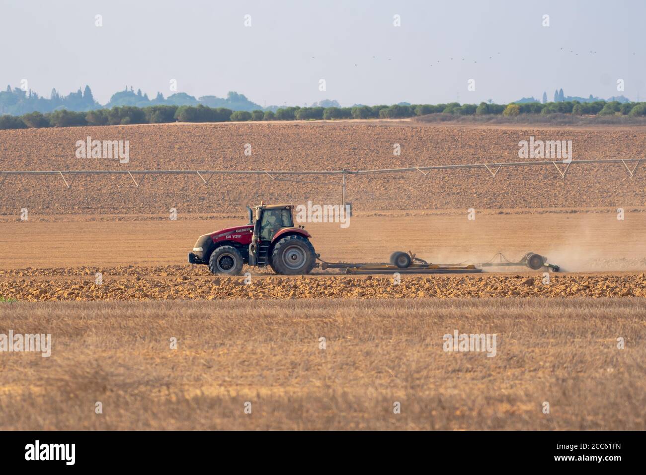 Trattore che arava un campo nel deserto di Negev, Israele fotografò a Kibbutz Magen Foto Stock
