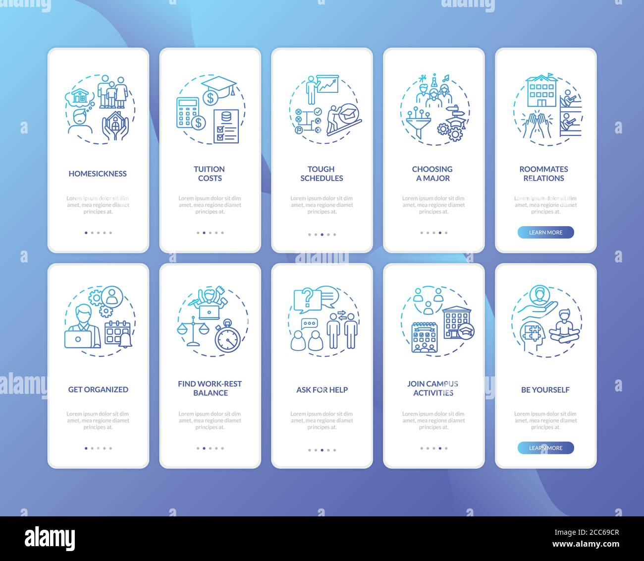 Schermata della pagina dell'app mobile di onboarding dell'università con set di concetti Illustrazione Vettoriale