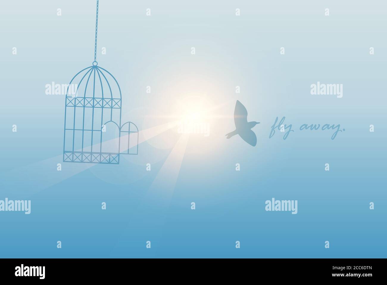 Uccello vola fuori dalla gabbia nel cielo soleggiato vettore illustrazione EPS10 Illustrazione Vettoriale