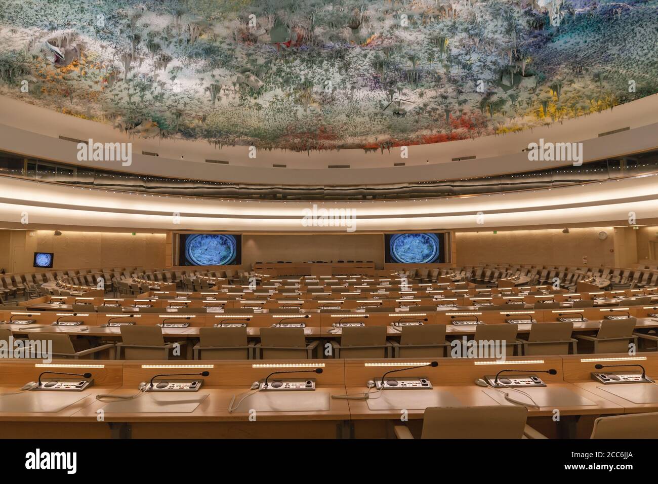 Ginevra, Svizzera - 23 agosto 2014 - Sala dei diritti umani e dell'Alleanza delle civiltà a Ginevra, utilizzata dal Consiglio dei diritti umani delle Nazioni Unite w Foto Stock