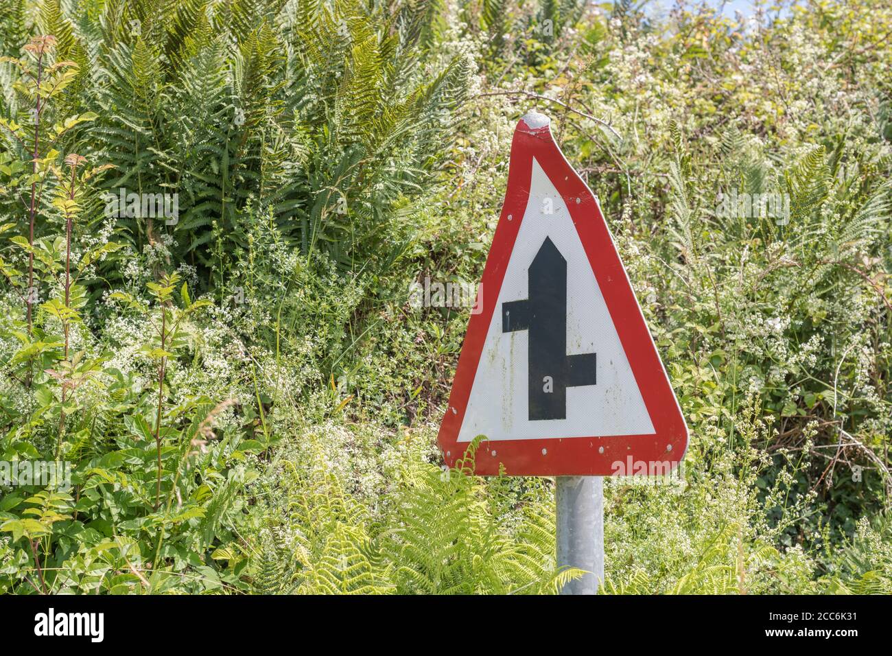 Hedgerow rurale con il cartello stradale del Regno Unito che indica un bivio sfalsato davanti. Punto d'incontro metafora, traffico convergente, cartello di incrocio UK. Foto Stock
