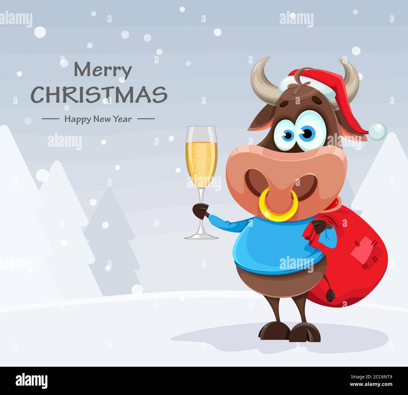 Buon biglietto d'auguri di Natale. toro carino, il simbolo del Capodanno cinese 2021. Personaggio dei fumetti bufali con un bicchiere di champagne e una borsa con pre Illustrazione Vettoriale