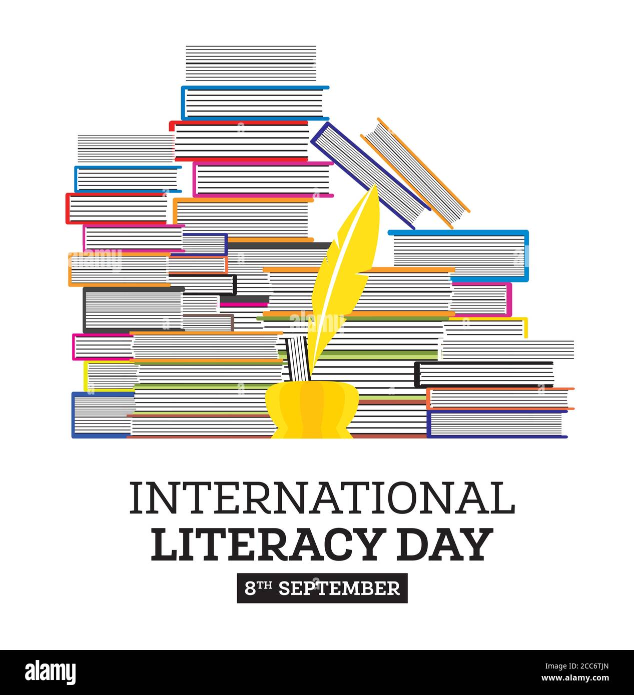 Poster del giorno dell'alfabetizzazione internazionale con pile di libri e Quill Pen. Illustrazione vettoriale. Concetto di istruzione. Illustrazione Vettoriale