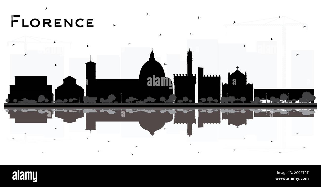 Firenze Italia Città Skyline Silhouette con edifici neri e riflessi isolati su Bianco. Illustrazione vettoriale. Illustrazione Vettoriale