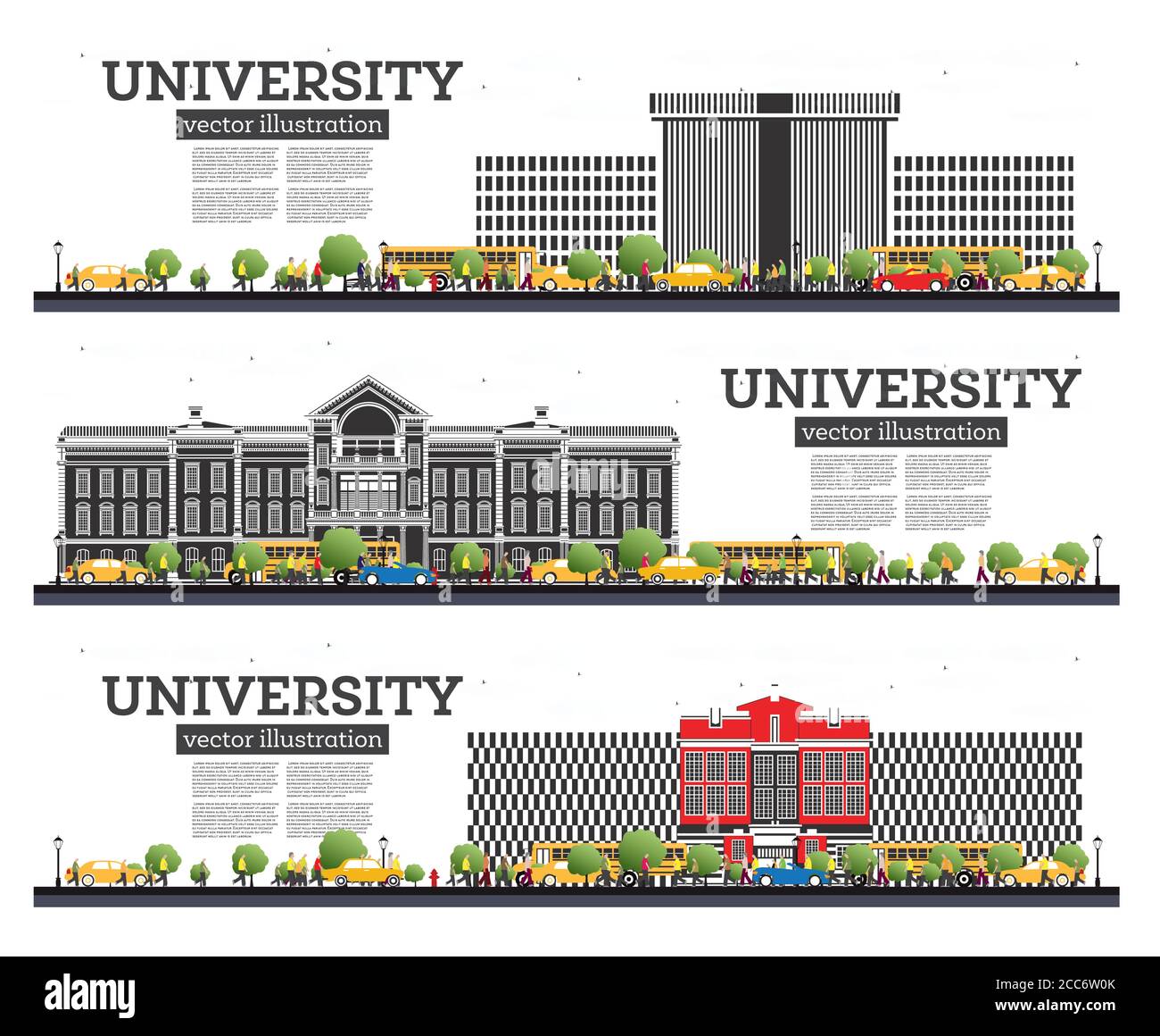 Set campus universitario. Banner di studio isolati su bianco. Illustrazione vettoriale. Gli studenti vanno all'edificio principale dell'Università. Skyline con Green Tree. Illustrazione Vettoriale