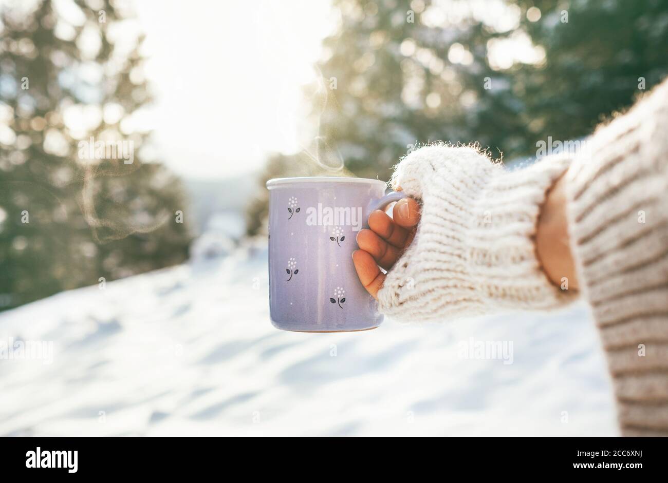 Donna prendere in mano tazza di bevanda calda. Inverno foresta glade, luminoso scenario di sole Foto Stock