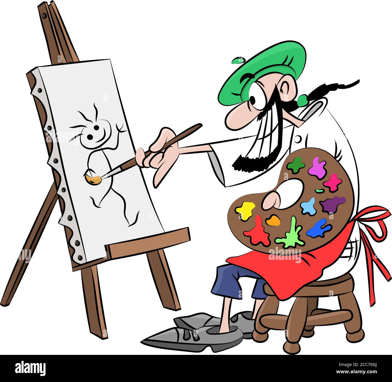 Artista cartoon che lavora su una tela dipingendo un vettore di immagine illustrazione Illustrazione Vettoriale