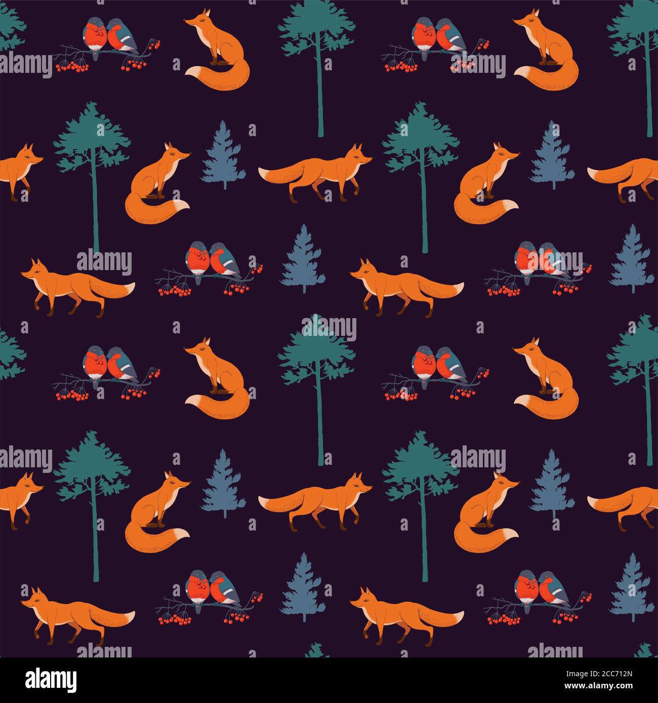 Carino modello senza giunture con animali e alberi di Natale. Illustrazione Vettoriale