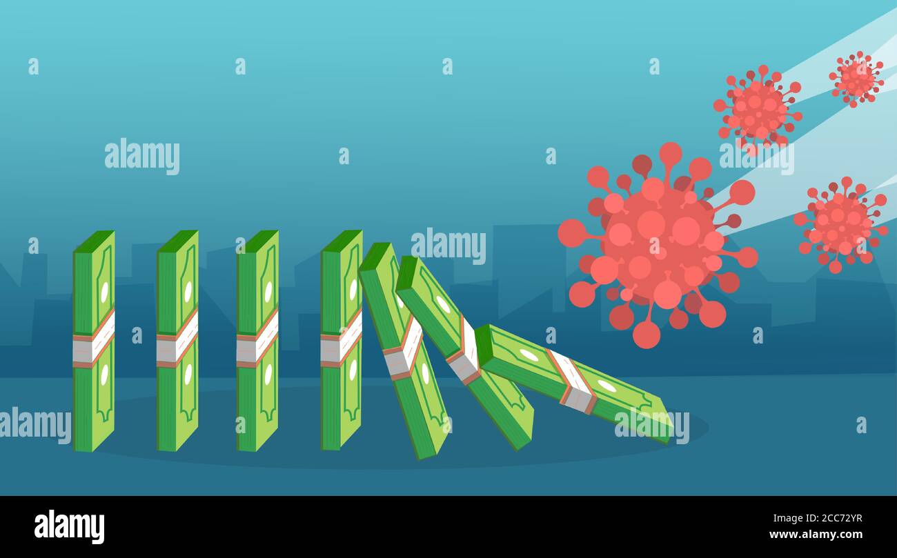 Impatto finanziario del coronavirus sul concetto di economia mondiale. Vettore del patogeno del virus COVID-19 che crea effetto domino e crisi finanziaria. Illustrazione Vettoriale