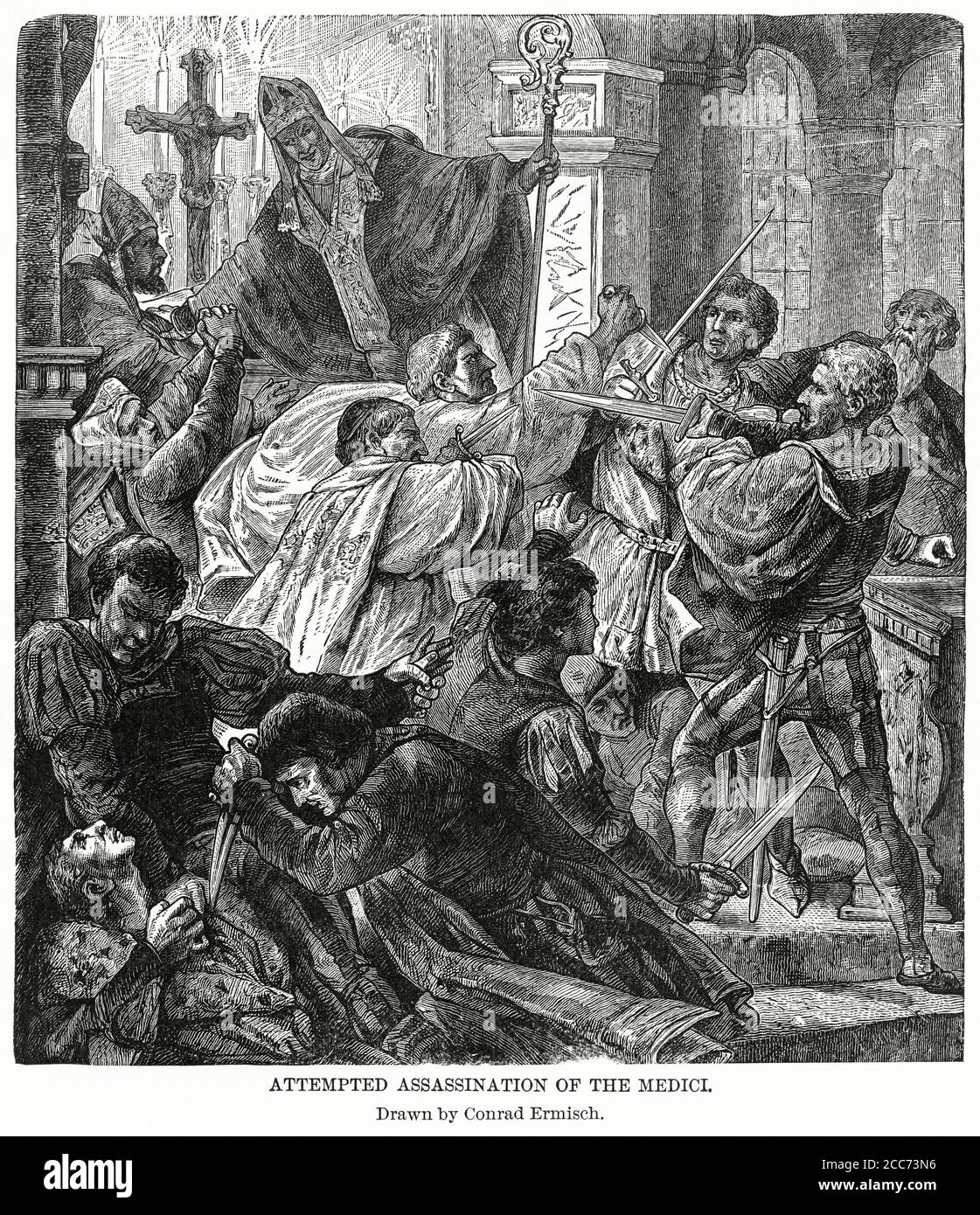 Tentato assassinio dei Medici, disegnato da Conrad Ermisch, Illustrazione, Storia del mondo di Ridpath, Volume III, di John Clark Ridpath, LL. D., Merrill & Baker Publishers, New York, 1897 Foto Stock