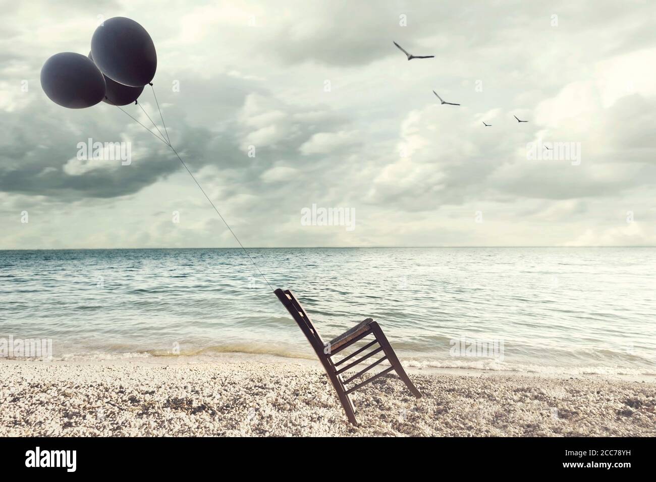 immagine surreale di una sedia tenuta in equilibrio dal volo bollature Foto Stock