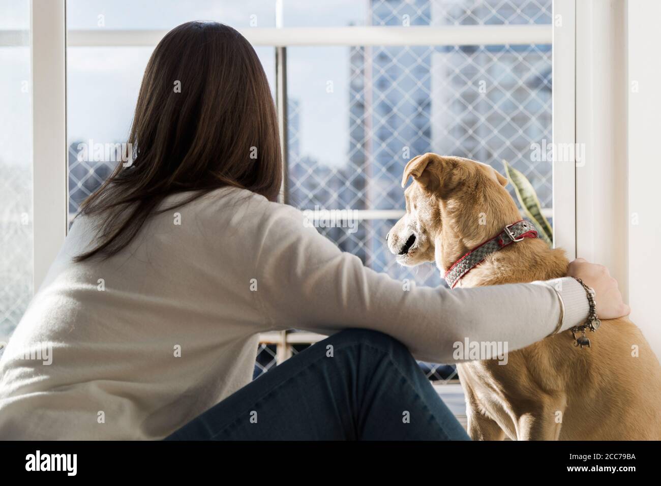 giovane donna abbracciando al suo cane ed entrambi vedendo per la finestra Foto Stock