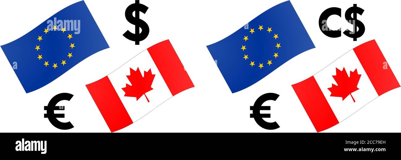 Illustrazione vettoriale coppia di valute forex EURCAD. Bandiera UE e Canada, con simbolo Euro e Dollaro. Illustrazione Vettoriale