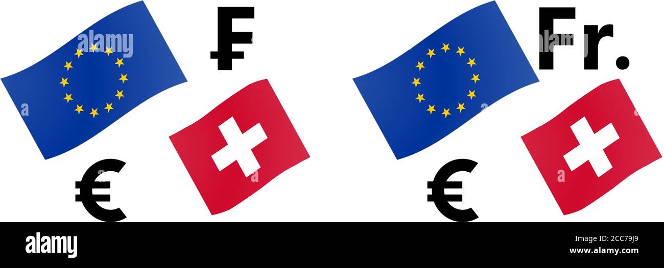 Figura vettoriale coppia di valute forex EURCHF. Bandiera UE e Svizzera, con simbolo Euro e franco. Illustrazione Vettoriale