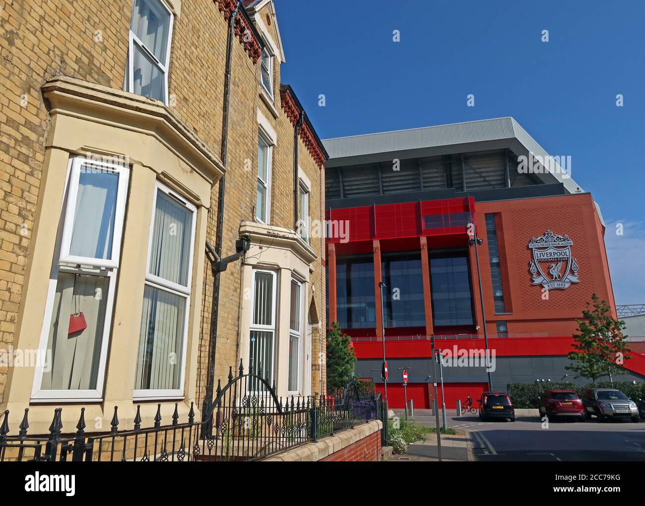 All'ombra di Anfield, all'ombra di Liverpool FC, Anfield, Liverpool, Merseyside, Inghilterra, Regno Unito Foto Stock