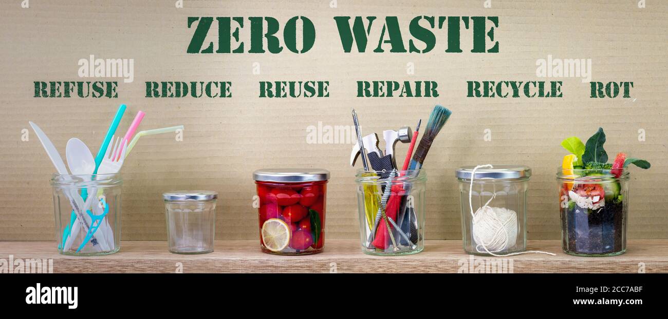 Gestione zero rifiuti, illustrata in 6 vasi con testo rifiuti, ridurre, riciclare, riparare, riutilizzare, marcire su sfondo cartone. Concetto di vita sostenibile Foto Stock
