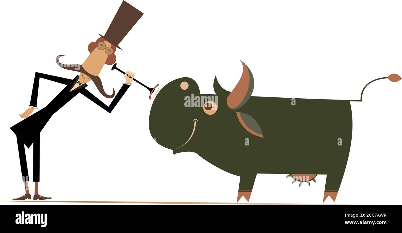 Veterinario e illustrazione vacca. Divertente lungo baffi uomo nel cappello superiore sta esaminando una mucca sorridente da endoscopio isolato su bianco Illustrazione Vettoriale